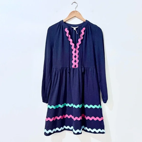 Boden Navy Corinna Colorful Ric Rac Trim Tassel Tie Cotton Dress 10 - Picture 3 of 9